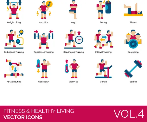 Fitness Healthy Living Icons Including Weight Lifting Aerobics Yoga Boxing — Stock Vector
