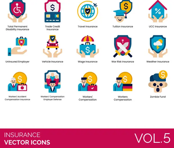 stock vector Insurance icons including total permanent disability, trade credit, travel, tuition, UCC, uninsured, vehicle, wage, war risk, weather, workers accident compensation, employer defense, zombie fund.