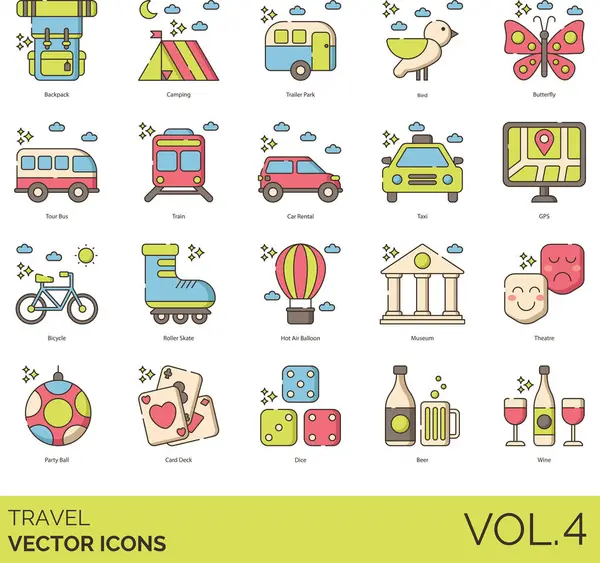 stock vector Travel icons including backpack, camping, trailer park, bird, butterfly, tour bus, train, car rental, taxi, GPS, bicycle, roller skate, hot air balloon, museum, theatre, party ball, card deck, dice, beer, wine.