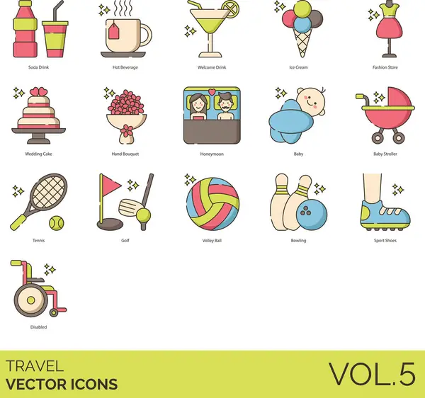 stock vector Travel icons including soda, hot beverage, welcome drink, ice cream, fashion store, wedding cake, hand bouquet, honeymoon, baby, stroller, tennis, golf, volleyball, bowling, sports shoes, disabled.