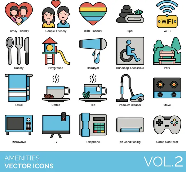 Amenities Icons Including Air Conditioning Airport Balcony Bar Barbecue Bathrobe Vector Graphics