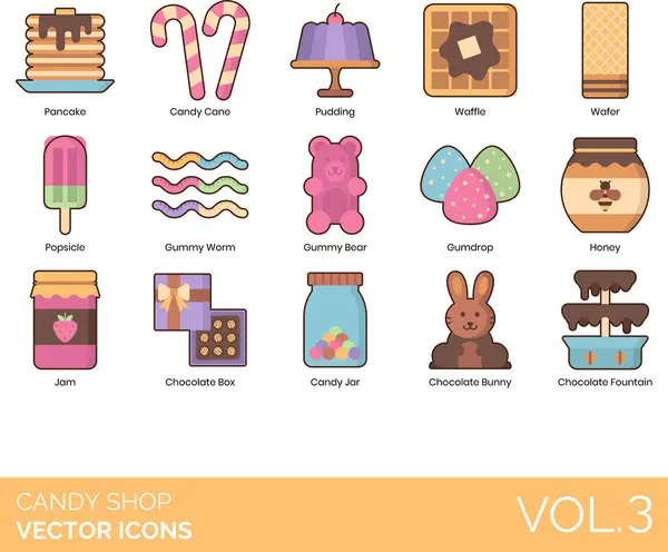 Candy Shop Ikony Včetně Sušenky Bonbon Bulk Candy Butterscotch Cake Stock Ilustrace