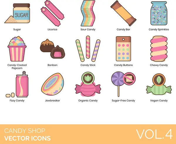 Candy Shop Ikony Včetně Sušenky Bonbon Bulk Candy Butterscotch Cake Stock Vektory