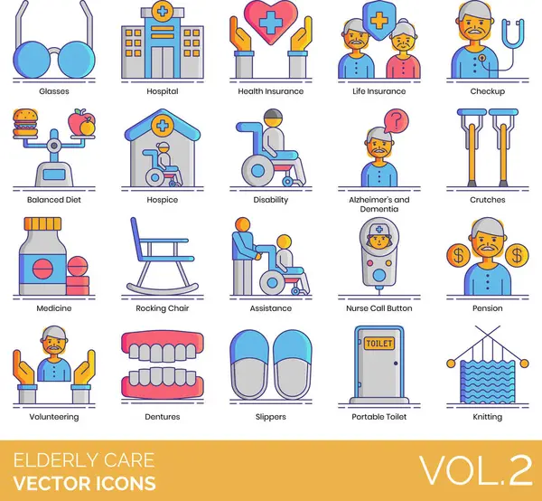 Ikoner För Äldreomsorg Inklusive Åldrande Alzheimers Sjukdom Och Demens Ambulans Royaltyfria illustrationer