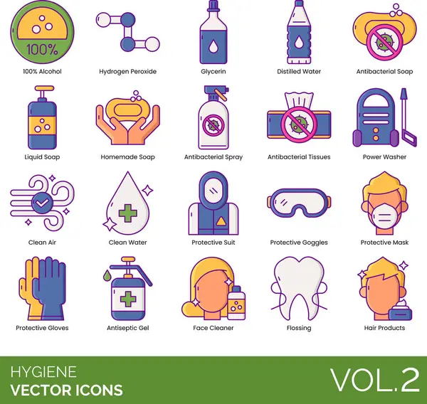 Ícones Higiene Incluindo 100 Álcool Peróxido Hidrogênio Glicerina Água Destilada Ilustrações De Stock Royalty-Free