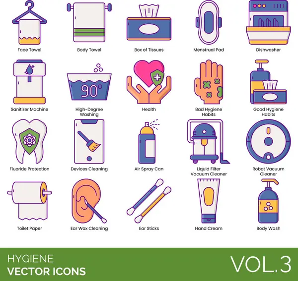 Ícones Higiene Incluindo Rosto Toalha Corpo Caixa Tecido Almofada Menstrual Vetores De Bancos De Imagens