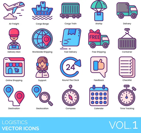 Logistics Icons Including Air Freight Cargo Barge Train Airship Delivery Royalty Free Stock Vectors