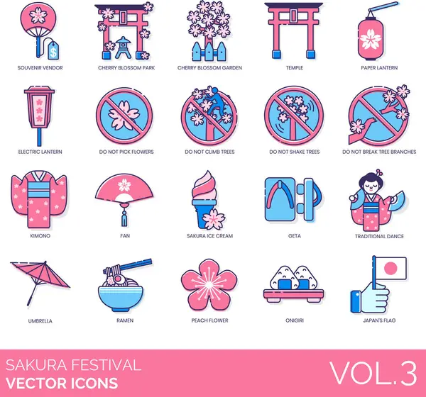 Sakura Festival Icons Including Souvenir Vendor Cherry Blossom Park Garden Royalty Free Stock Vectors
