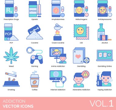 Reçeteli uyuşturucu, opioidler, amfetaminler, halüsinojenler, antidepresanlar, PCP, crack kokain, LSD, alkol, ot, oyun, anime, kumar, online kumar, sigara, internet, internet, adrenalin, vaping.