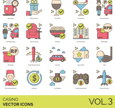 Casino icons including take a break, welcome bonus, free drink, alcohol, self parking, valet, VIP lounge, meal, hotel room, RFB, RF package, airfare reimbursement, limo ride, show ticket, golf, concierge service, cash back, loss rebates, private gami clipart