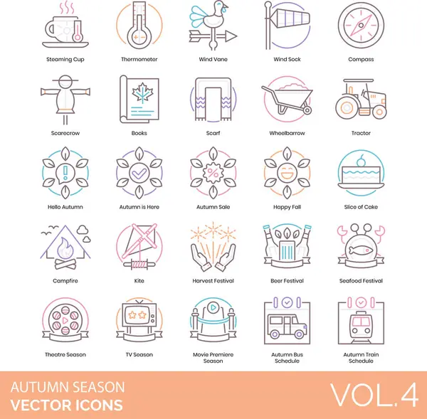 stock vector Autumn Season icons including steaming cup, thermometer, wind vane, sock, compass, scarecrow, book, scarf, wheelbarrow, tractor, hello, sale, happy fall, slice of cake, campfire, kite, harvest, festival, beer, seafood, theatre, TV season, movie premi