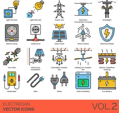 Elektrik simgeleri arasında ışık karartıcı, uzaktan kumanda, elektrik hattı, ev, sokak lambası, soba, kablo kanalı, güneş paneli, rüzgar türbini, elektrik kalkanı, kopmuş kablo, duvar lambası kurulumu, avize, tavan vantilatörü,