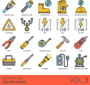 Ethernet kablo, telefon, izole botlar, eldiven, fiberglas başlık, zemin, devre, 220V, 110V, 110-240V, pense, tornavida, mezura, çekiç, kesici, alet çantası, lehim demiri, el feneri, el feneri kutusu dahil olmak üzere elektrik ikonları