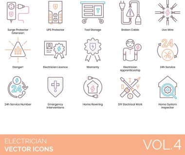 Electrician icons including surge protector extension, UPS, tool storage, broken cable, live wire, danger, license, warranty, apprenticeship, 24h service number, emergency intervention, home rewiring, DIY electrical work, system inspector. clipart