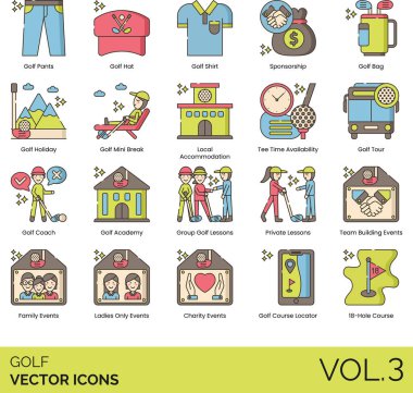 Pantolon, şapka, gömlek, sponsorluk, çanta, tatil, mini mola, yerel konaklama, çay saati uygunluğu, tur, koç, akademi, grup, özel ders, takım oluşturma, aile etkinliği, sadece bayanlar, kurs belirleyicisi, 18 delik.