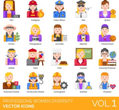 Meslekler Kadın Çeşitliliği simgeleri web tablosu illüstrasyonu