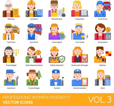Meslekler Kadın Çeşitliliği simgeleri web tablosu illüstrasyonu