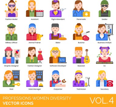 Meslekler Kadın Çeşitliliği simgeleri web tablosu illüstrasyonu