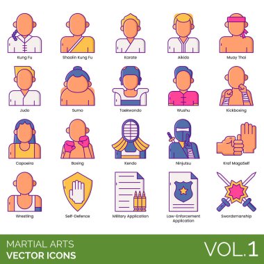 Dövüş sanatları simgeleri vektör illüstrasyonunu ayarlar