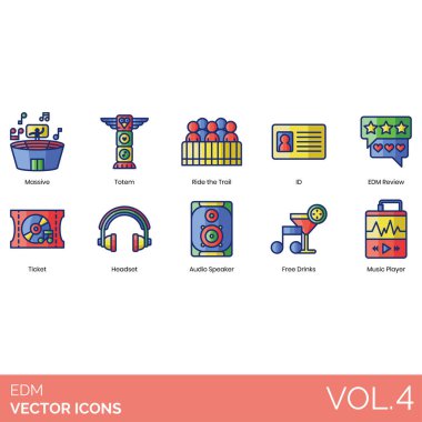 EDM simgeleri arasında büyük, totem, iz sürme, kimlik, EDM incelemesi, bilet, kulaklık, ses hoparlörü, bedava içki, müzik çalar yer alıyor.