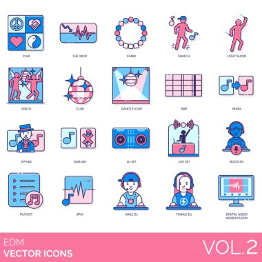 EDM simgeleri arasında şevk, düşüş, kandi, shuffle, light show, disco, club, dans pisti, bar, remix, VIP, dub mix, DJ set, live, bootleg, playlist, BPM, erkek, kadın, dijital ses istasyonu.