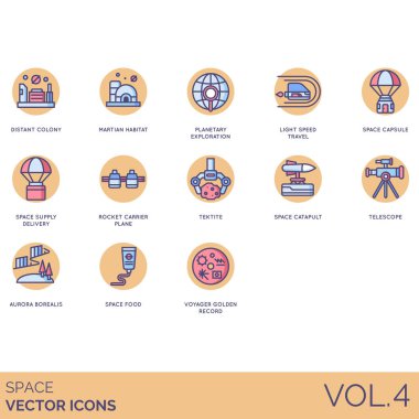 Uzay modern simgesi seti. Uzak koloni, Mars habitatı, gezegen keşfi, ışık hızı yolculuğu, erzak teslimatı, roket taşıyıcı uçak, tektit, mancınık, teleskop, aurora borealis, altın plak..