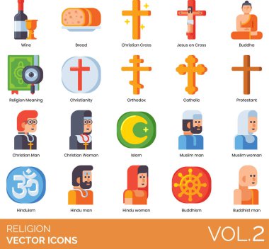 Dünyanın önde gelen dinlerini, sembollerini ve ruhsal uygulamalarını temsil eden renkli vektör simgelerinin modern, düz tasarım tarzında toplanması.