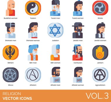 Dünyanın önde gelen dinlerini, sembollerini ve ruhsal uygulamalarını temsil eden renkli vektör simgelerinin modern, düz tasarım tarzında toplanması.
