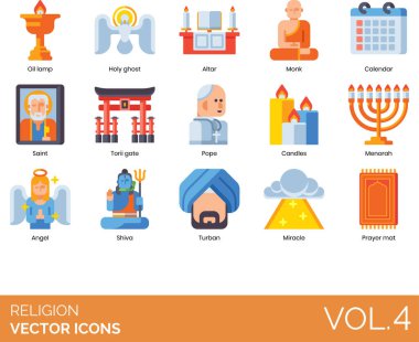 Dünyanın önde gelen dinlerini, sembollerini ve ruhsal uygulamalarını temsil eden renkli vektör simgelerinin modern, düz tasarım tarzında toplanması.