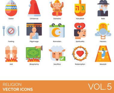 Dünyanın önde gelen dinlerini, sembollerini ve ruhsal uygulamalarını temsil eden renkli vektör simgelerinin modern, düz tasarım tarzında toplanması.