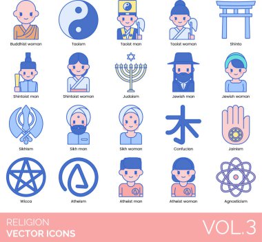 Dünyanın önde gelen dinlerini, sembollerini ve ruhsal uygulamalarını temsil eden renkli vektör simgelerinin modern, düz tasarım tarzında toplanması.