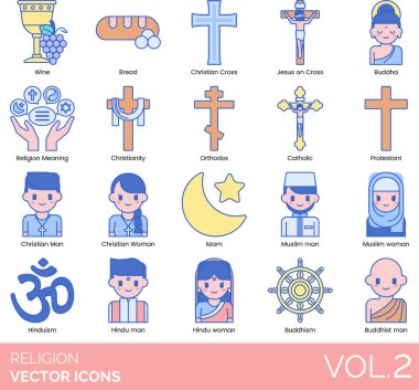 Dünyanın önde gelen dinlerini, sembollerini ve ruhsal uygulamalarını temsil eden renkli vektör simgelerinin modern, düz tasarım tarzında toplanması.