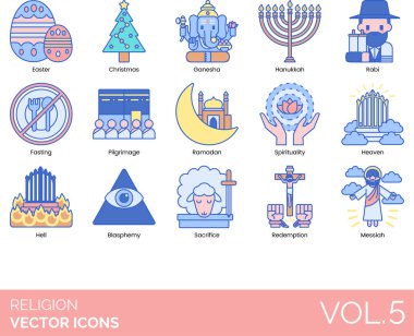 Dünyanın önde gelen dinlerini, sembollerini ve ruhsal uygulamalarını temsil eden renkli vektör simgelerinin modern, düz tasarım tarzında toplanması.