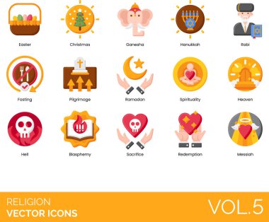 Dünyanın önde gelen dinlerini, sembollerini ve ruhsal uygulamalarını temsil eden renkli vektör simgelerinin modern, düz tasarım tarzında toplanması.