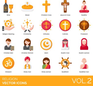 Dünyanın önde gelen dinlerini, sembollerini ve ruhsal uygulamalarını temsil eden renkli vektör simgelerinin modern, düz tasarım tarzında toplanması.