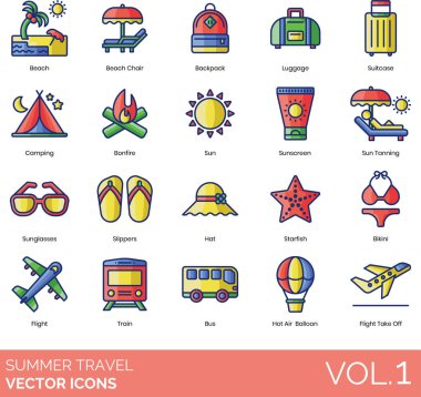 Yaz seyahat simgeleri arasında plaj sandalyesi, sırt çantası, valiz, kamp, kamp ateşi, güneş, güneş kremi, bronzlaşma, güneş gözlüğü, terlik, şapka, denizyıldızı, bikini, uçuş, tren, otobüs, sıcak hava balonu, kalkış.