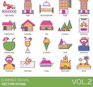Yaz seyahatleri ikonlarının arasında şunlar yer alıyor: İniş, otel, yatak ve kahvaltı, pansiyon, tatil evi, konaklama, villa, kamp alanı, yıldız puanı, hindistan cevizi suyu, kokteyl, dondurma, yat, skuba dalışı, şnorkelle yüzme, yüzme, deniz yolculuğu, kumdan kale, ada..