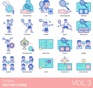 Tenis simgeleri arasında ıslık, sponsorluk, avantaj seti, eşitlik, ters vuruş, forehand, ez, blok, kır, karar noktası, derin vuruş, ikili, karışık çiftler, hata, hata.