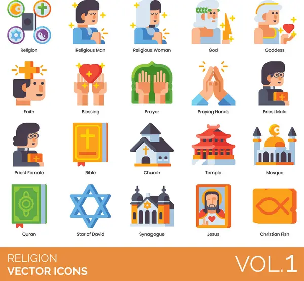 Dünyanın önde gelen dinlerini, sembollerini ve ruhsal uygulamalarını temsil eden renkli vektör simgelerinin modern, düz tasarım tarzında toplanması.