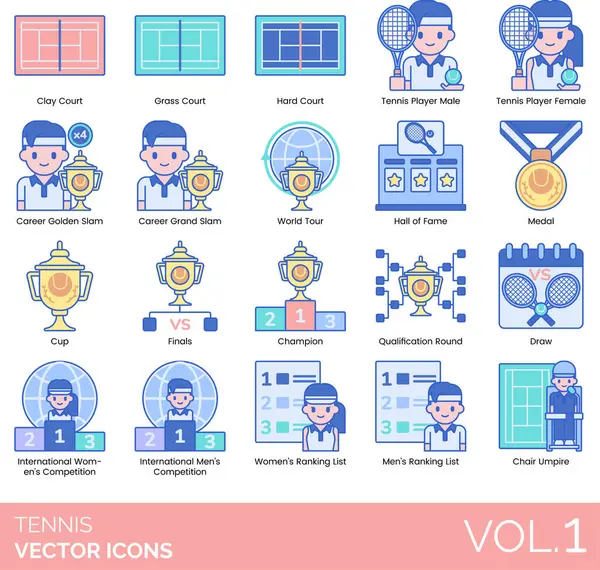Tenis simgeleri arasında kort, çim, oyuncu, kariyer altın vuruş, dünya turu, onur listesi, madalya, kupa, final, şampiyon, nitelik turu, beraberlik, uluslararası yarışma, sıralama listesi, başkan hakemi.