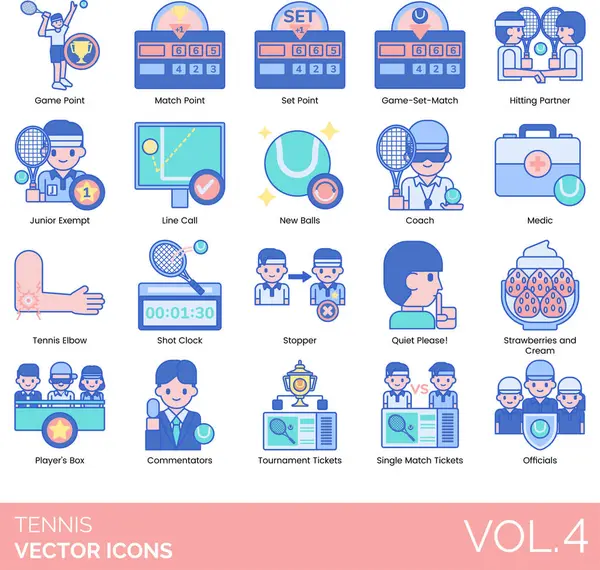 Tenis simgeleri arasında maç puanı, set, vuruş partneri, genç muafiyet, çizgi çağrısı, koç, sıhhiye, shot saat, durdurucu, çilek ve krema, yorumcu, turnuva bileti, tek maç, yetkililer yer alıyor.