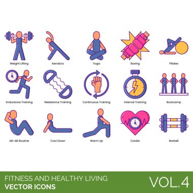 Ağırlık kaldırmak, aerobik, yoga, boks, pilates, dayanıklılık eğitimi, direnç, sürekli, aralık, eğitim kampı, AB-AB rutini, sakinleşmek, ısınmak, halter, halter gibi sağlıklı yaşam ikonları.