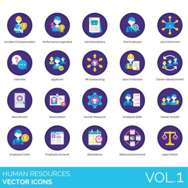 Kaza tazminatı, performans değerlendirmesi, iş tanımı, zenginleştirme, mülakat, başvuru, dış kaynak kullanımı, iş koruma, ilerleme, adam toplama, devamsızlık da dahil olmak üzere insan kaynakları simgeleri.