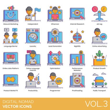Gelen pazarlama, bağımsız, etkili, İnternet araştırması, jet lag, dil engeli, çamaşır, lider nesil, gece hayatı, çevrimiçi reklamcılık, iş platformu, öğretmen, optimizasyon, performans pazarlamacısı dahil olmak üzere dijital göçebe simgeleri