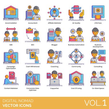 Dijital göçebeler, konaklama, muhasebeci, yan pazar, hava kalitesi, ATM ücreti, B2B, B2C, blog yazarı, iş otomasyonu, geliştirme, kampanya optimizasyonu, nakit çekilmesi, koçluk, topluluk, danışmanlık, içerik, dönüştürme oranı gibi simgeler