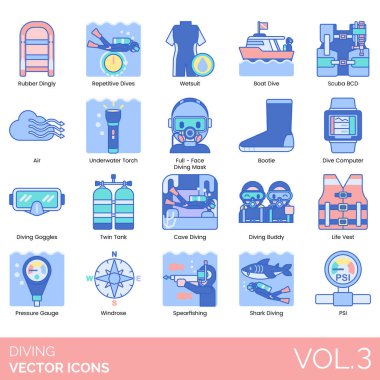 Dalış simgeleri arasında lastik sandal, tekrarlayan, dalgıç giysisi, tekne, scuba BCD, hava, su altı meşalesi, tam yüz maskesi, ganimet, bilgisayar, gözlük, ikiz tank, mağara, dostum, can yeleği, basınç göstergesi, rüzgâr, zıpkın, köpekbalığı, PSI.