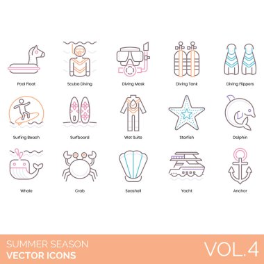 Yaz mevsimi simgeleri arasında yüzen yüzer, tüplü dalış, maske, tank, yüzgeç, sörf plajı, sörf tahtası, dalgıç, denizyıldızı, yunus, balina, yengeç, deniz kabuğu, yat, çapa.