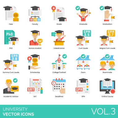 University icons including fees, faculty, grade, graduate, graduation, phd, honors student, valedictorian, magna cum laude, summa, scholarship, college football, dorm, roommate, academic advisor, sat, deadline, gpa, online course.