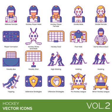 Oyuncuların ekipman eylemlerini gösteren renkli hokey vektör simgeleri