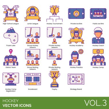 Ekipman ve etkinlikleri gösteren renkli hokey vektör simgeleri